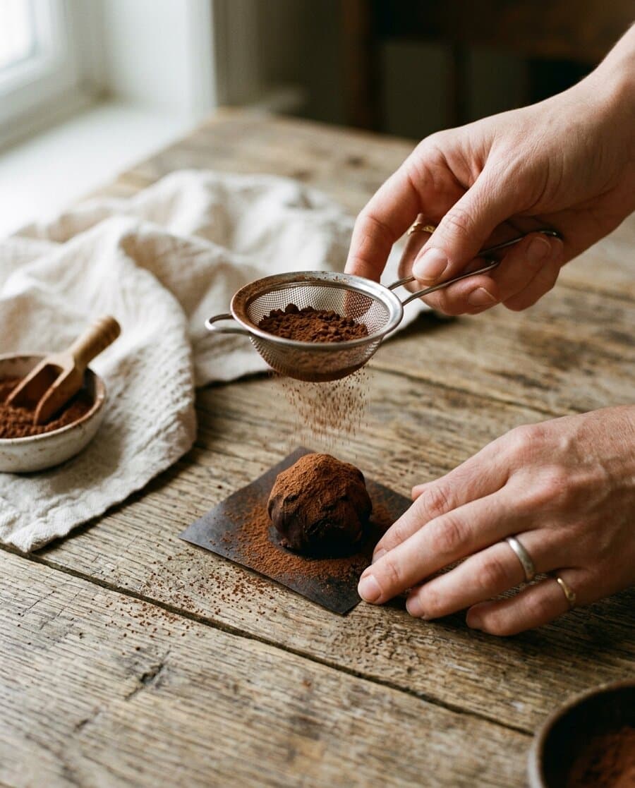 Finalizando um brigadeiro com cacau em pó